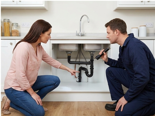 Plumber checking a leak under a sink